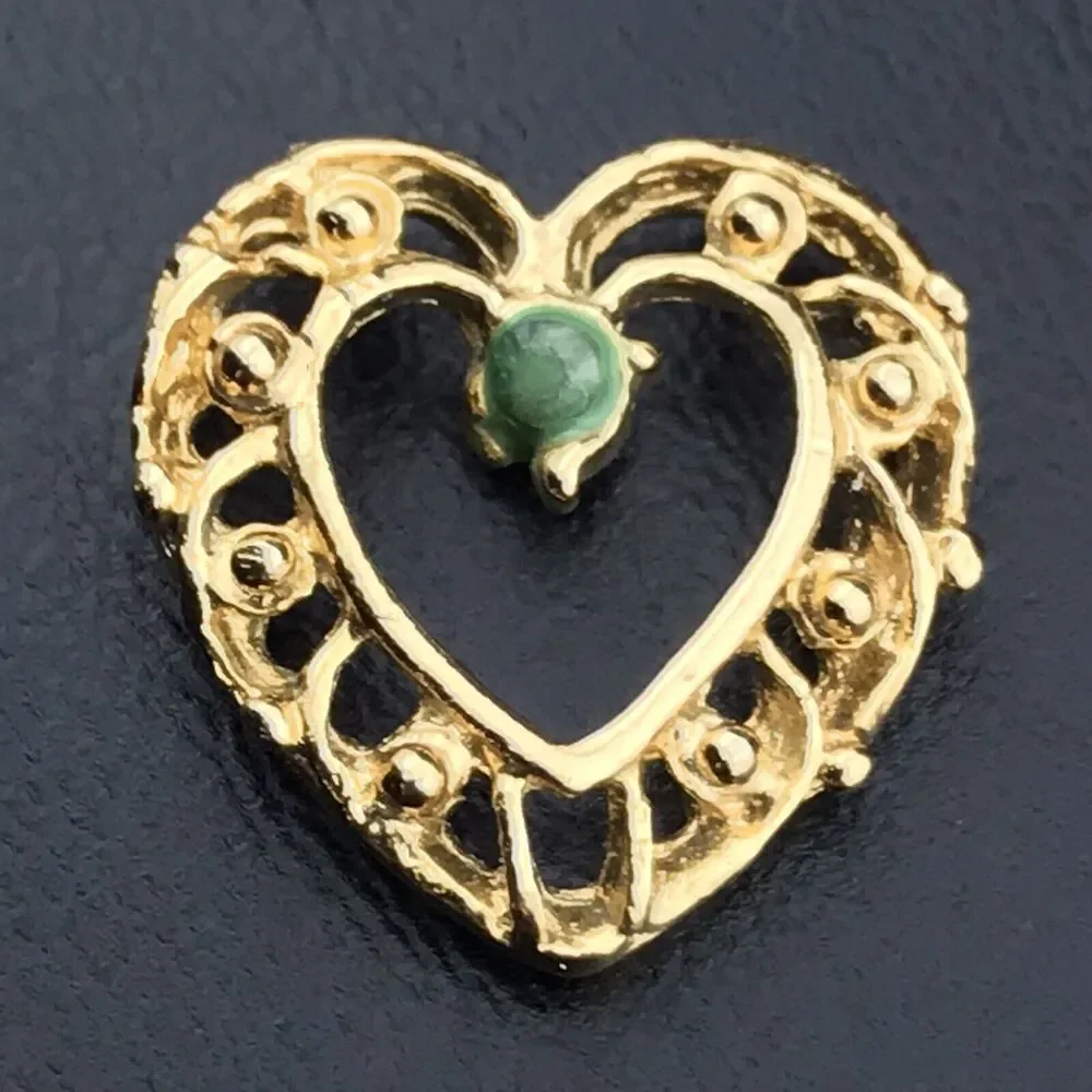 Heart Pin Vintage Brooch Green Stone Gold Tone